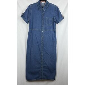 Vintage White Stag Denim Maxi Dress M 8/10 Jean Button Front Red Gingham Cottage